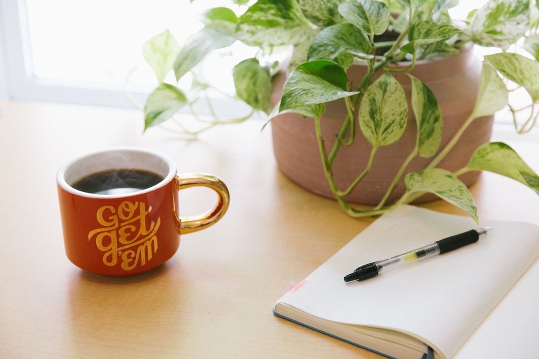 Notebook and pen and cup of coffee with plant in background